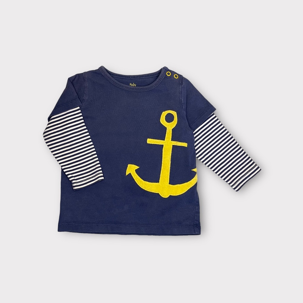 Mini Boden Anchor Applique Striped Arms Long Sleeve Blue Shirt